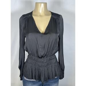 Current Air Blouse Womens Small Black V Neck Pleated‎ Peplum Long Sleeve Top